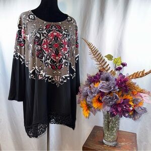 JM Collection Medallion Print Blouse Black Brown Lace Hem Boho Top L